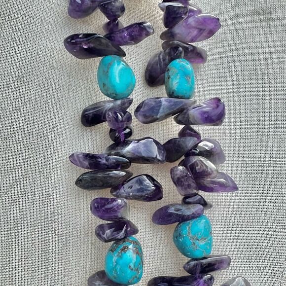 AMETHYST TURQUOISE NATURAL NUGGET necklace STERLING silver clasp - Picture 7 of 10